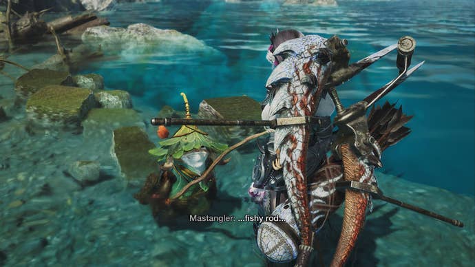 The player speaks to a Wudwud while fishing in Scarlet Forest in Monster Hunter Fluids