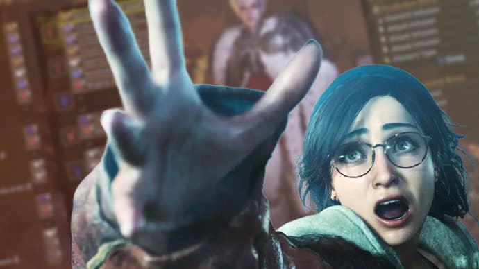 The hunter helper, Alma, in Monster Hunter Wilds, looks aghast over the top of a gear screen from Monster Hunter Wilds.