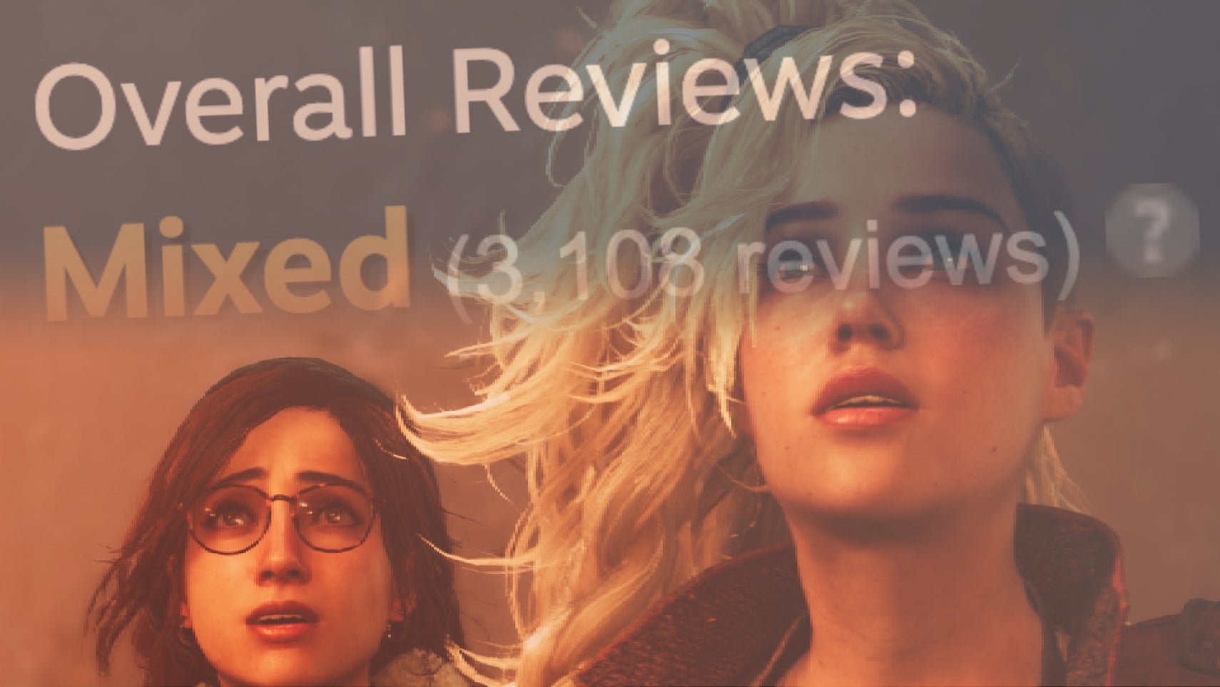 Characters from Monster Hunter Wilds looking up at something with concerned expressions on their faces, a screenshot from Steam showing Mixed overall reviews superimposed over them. - 1
