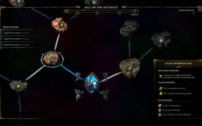 Last Epoch screenshot showing Several islands with different biomes and environments float in the middle of space, connected by thin grey threads. This is the game’s monolith system.