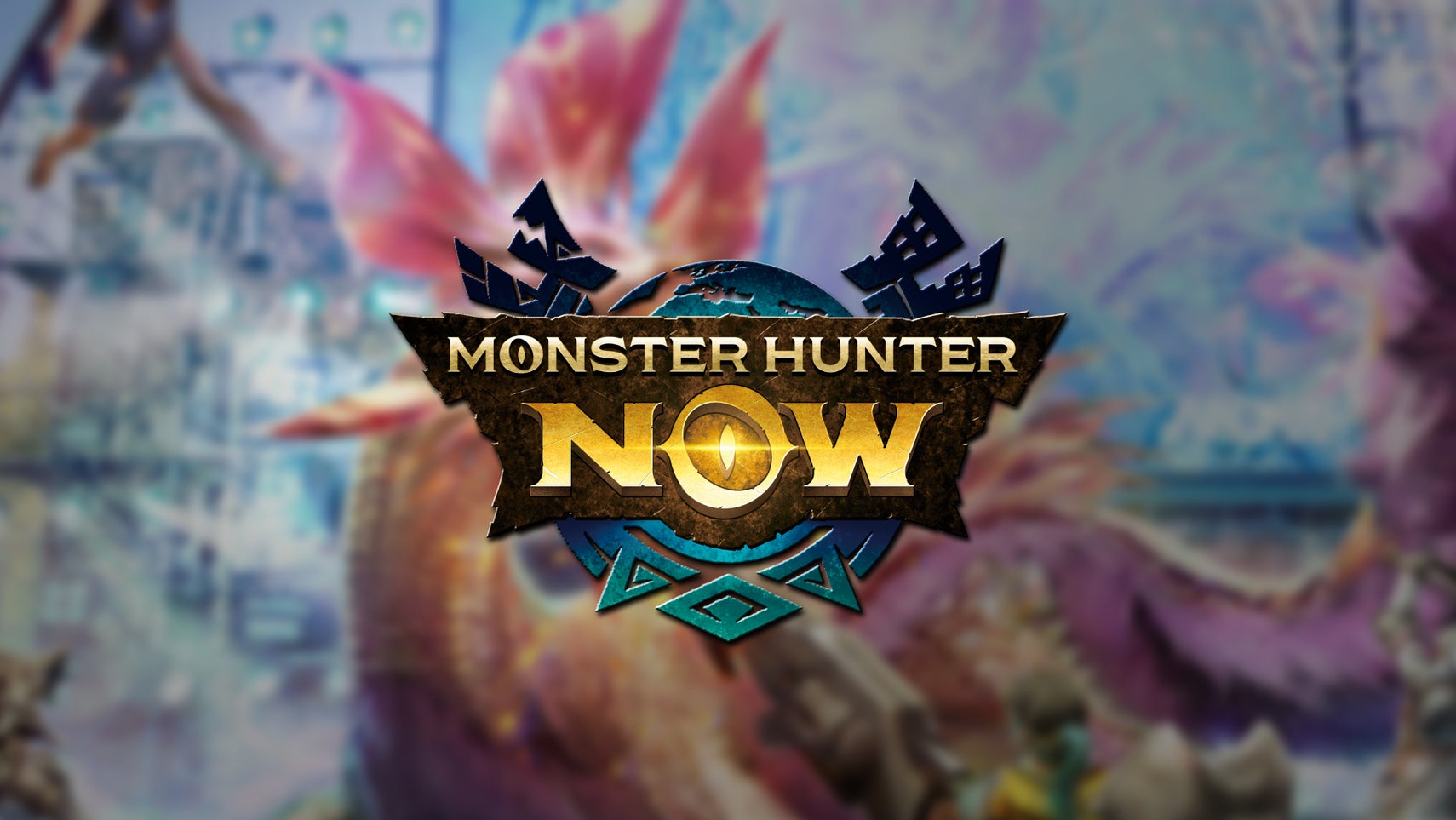 Monster Hunter Now logo over a slightly blurred picture of Mizutsune - 1