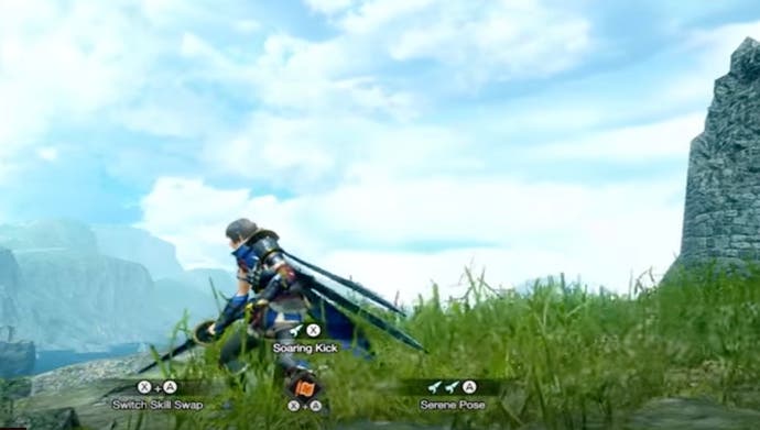A hunter stands with a weapon drawn. The text onscreen reads the control scheme that relates to the Switch Skill Swap mechanic.