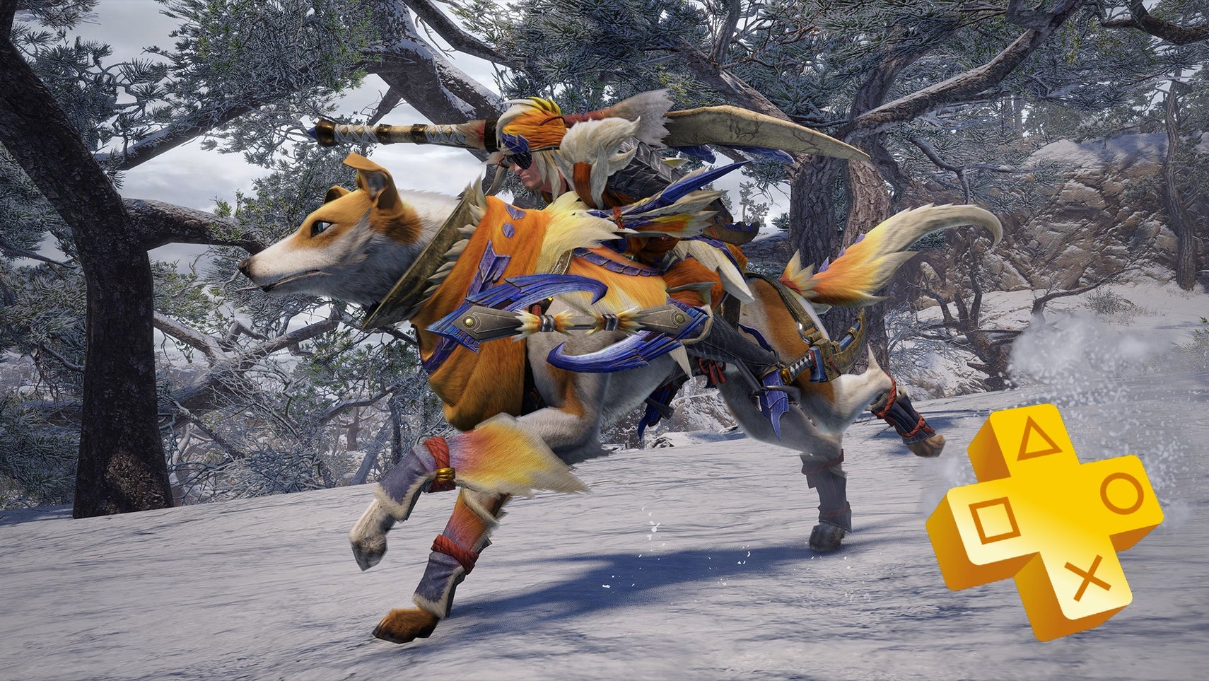 Monster Hunter Rise screenshot with a PS Plus logo in the lower right corner