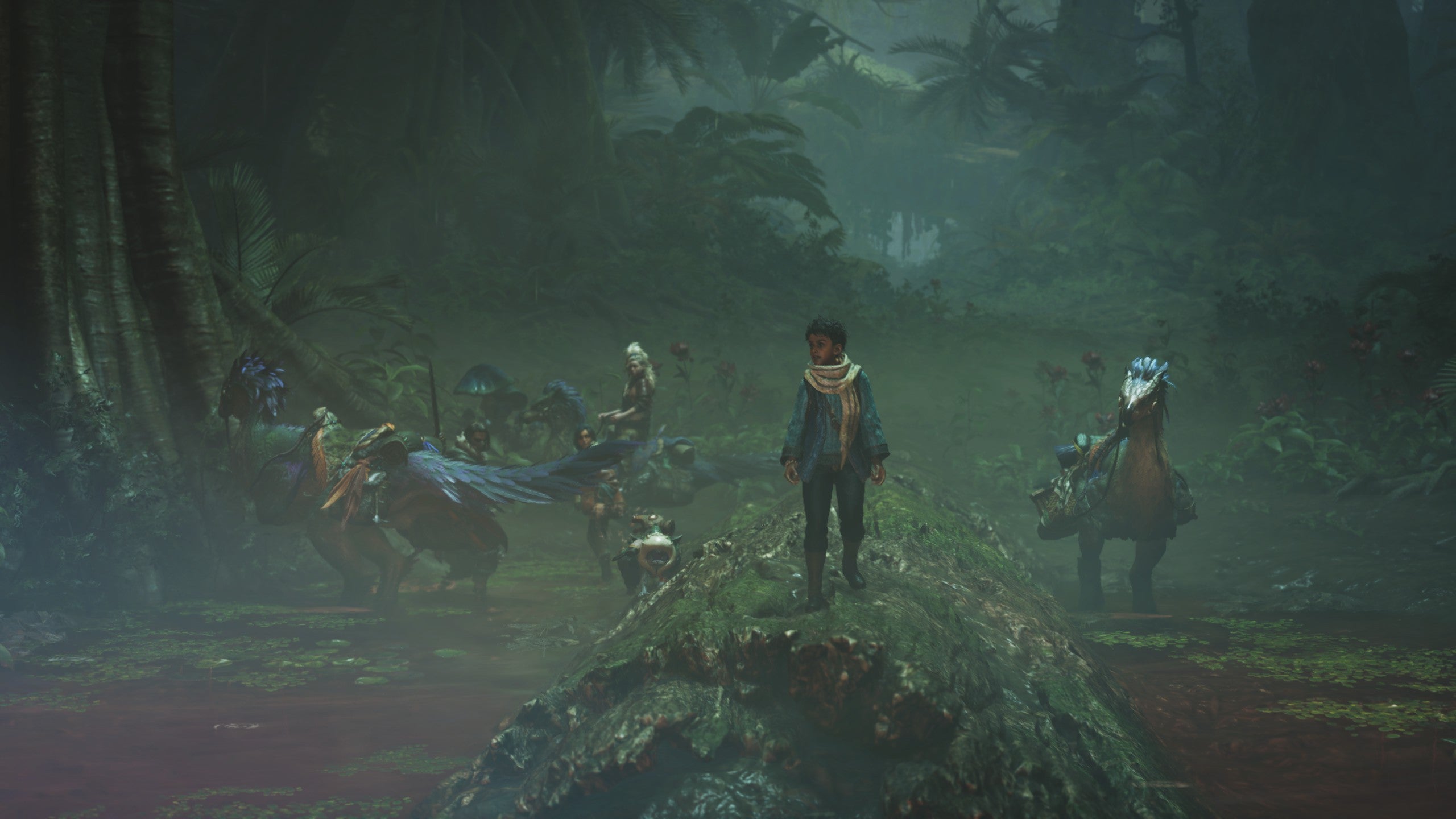 Monster Hunter Screenshot inside the Scarlet Forest showing Nata walking on a large log with people and Seikrets in the background.