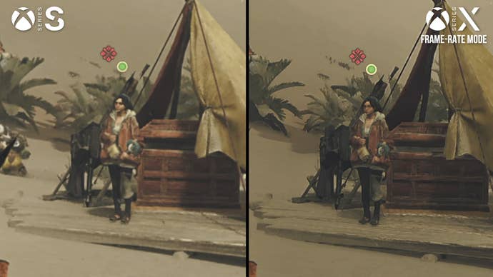 monster hunter wilds screenshot on Series S, showing lower-res rendering without an upscale compared to series x in its 60fps mode