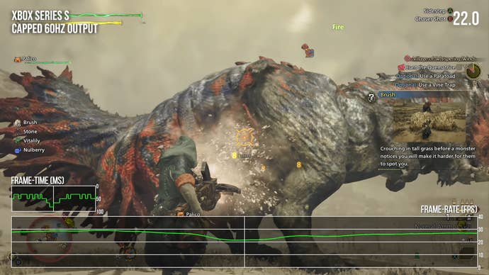 monster hunter wilds screenshot on Series S, showing poor frame-rate during a battle
