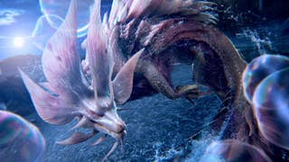Water dragon Mizutsune from Monster Hunter Wilds, surrounded by bubbles