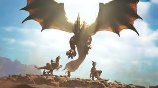 Monster Hunter Wilds screenshot showing silhouette of giant flying dragon-like monster over characters mounted on birds