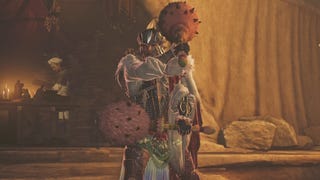 A male hunter brandishing pink dual blades resembling maracas in Monster Hunter Wilds.