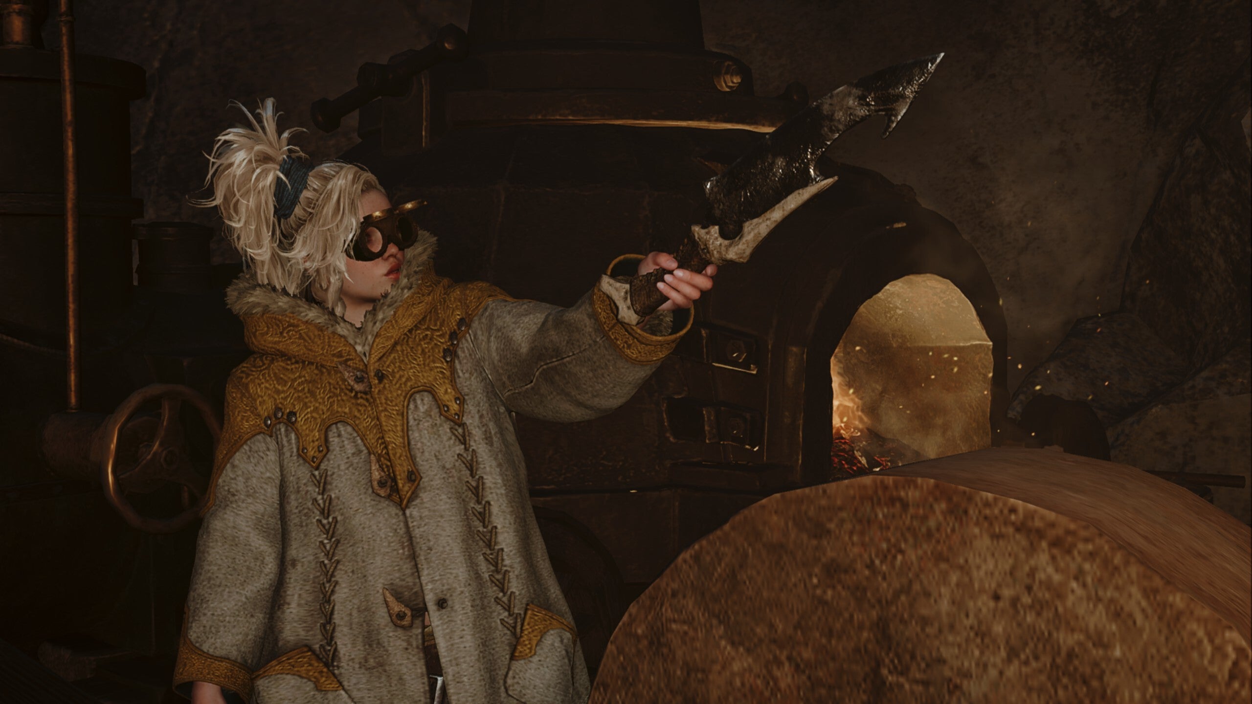 A Monster Hunter Wilds screenshot of Gemma holding a dagger in the air near her furnace.