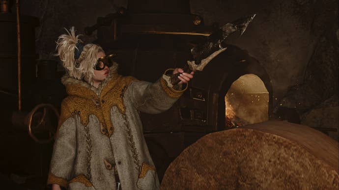 A Monster Hunter Wilds screenshot of Gemma holding a dagger in the air near her furnace.