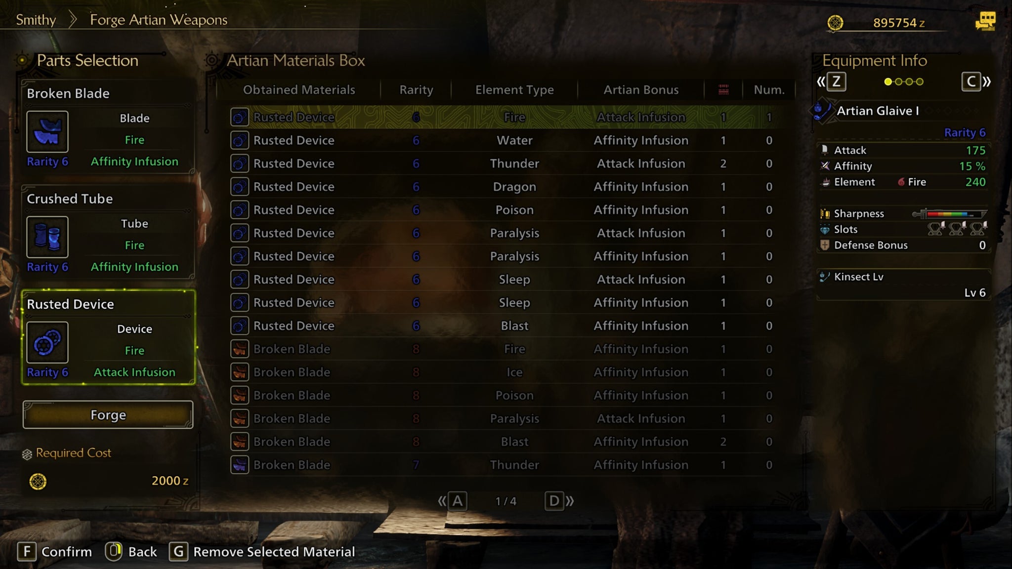 A Monster Hunter Wilds screenshot showing the Forge Artian Weapons menu for creating an Insect Glaive. - 4