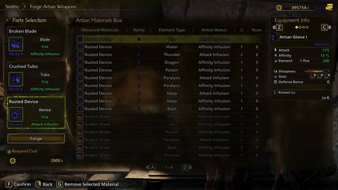 A Monster Hunter Wilds screenshot showing the Forge Artian Weapons menu for creating an Insect Glaive.