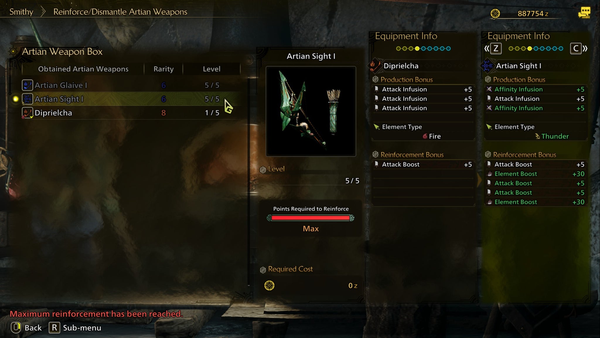 A Monster Hunter Wilds screenshot showing the Reinforce/Dismantle menu for Artian Weapons and several Reinforcement Boosts on a Bow. - 5