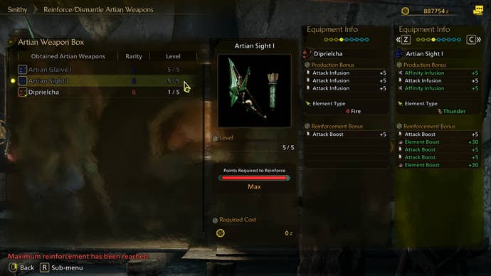 A Monster Hunter Wilds screenshot showing the Reinforce/Dismantle menu for Artian Weapons and several Reinforcement Boosts on a Bow.