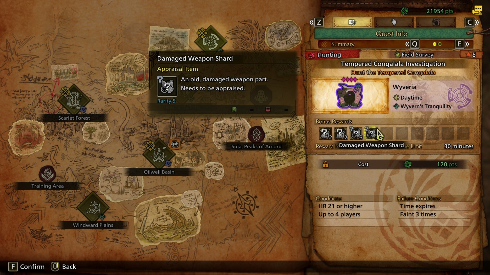 A Monster Hunter Wilds screenshot showing the setup for a Tempered Congalala Investigation hunt. The bonus rewards show a Damaged Weapon Shard. - 6
