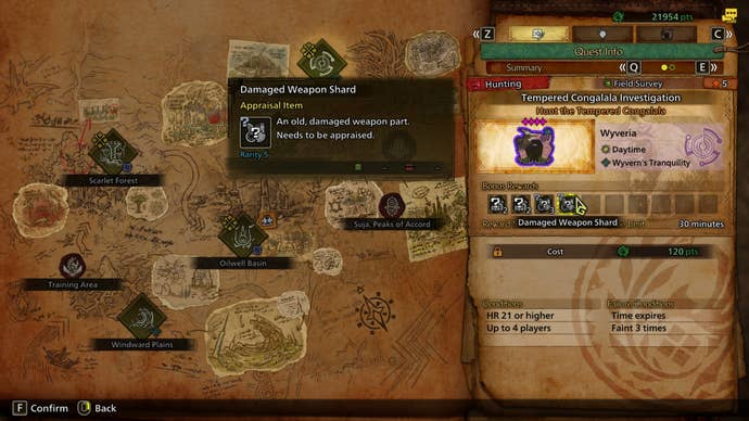 A Monster Hunter Wilds screenshot showing the setup for a Tempered Congalala Investigation hunt. The bonus rewards show a Damaged Weapon Shard.