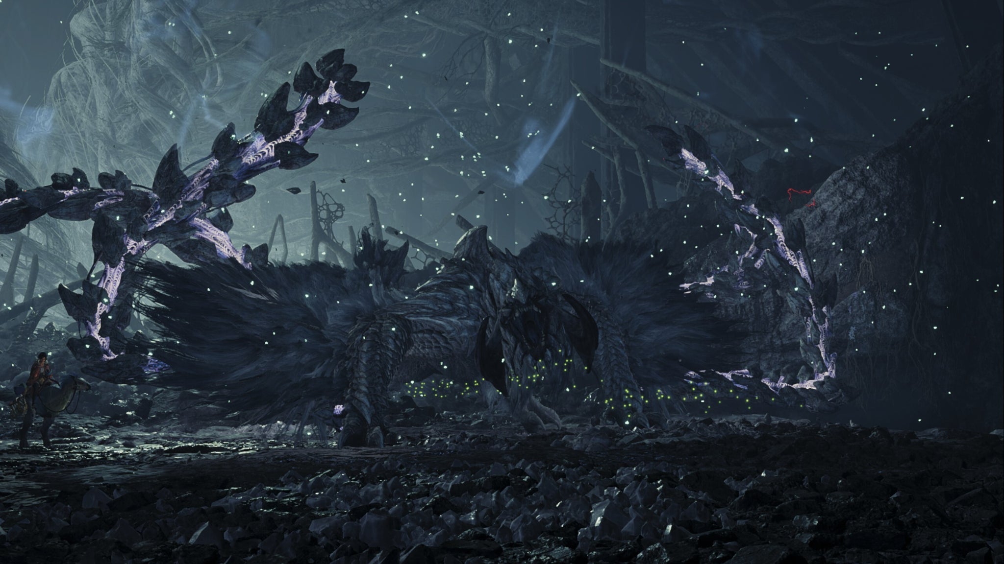 A Monster Hunter Wilds screenshot showing Arkveld roaring with their glowing chainblades waving in the air. - 5