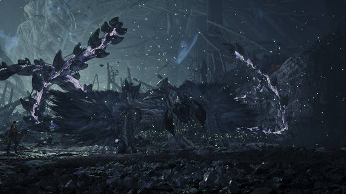A Monster Hunter Wilds screenshot showing Arkveld roaring with their glowing chainblades waving in the air.