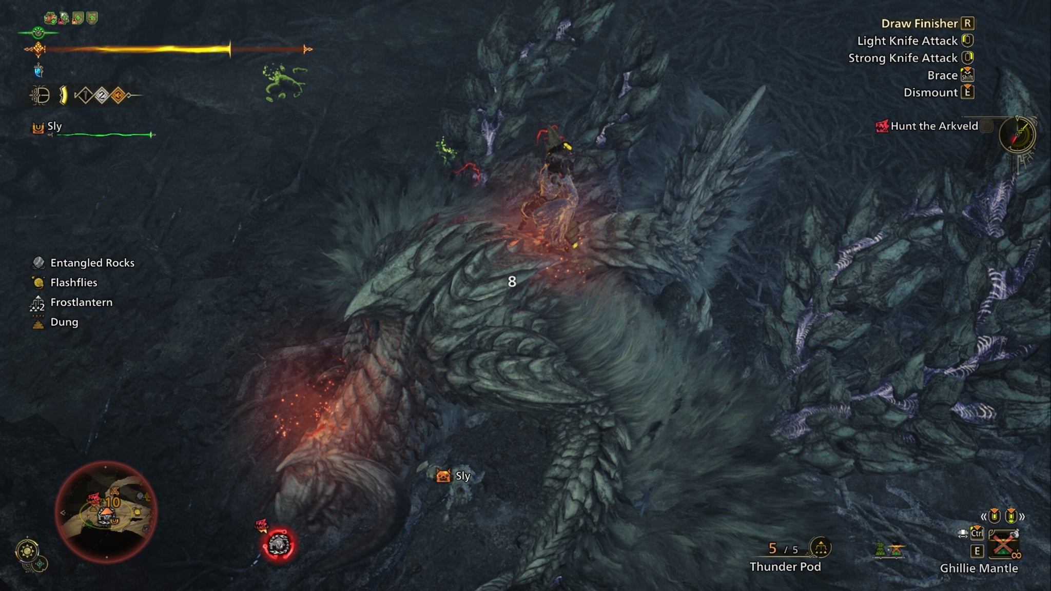 A Monster Hunter Wilds screenshot showing the hunter mounting Arkveld creating wounds. - 6