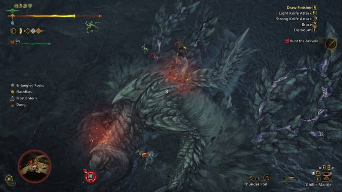 A Monster Hunter Wilds screenshot showing the hunter mounting Arkveld creating wounds.