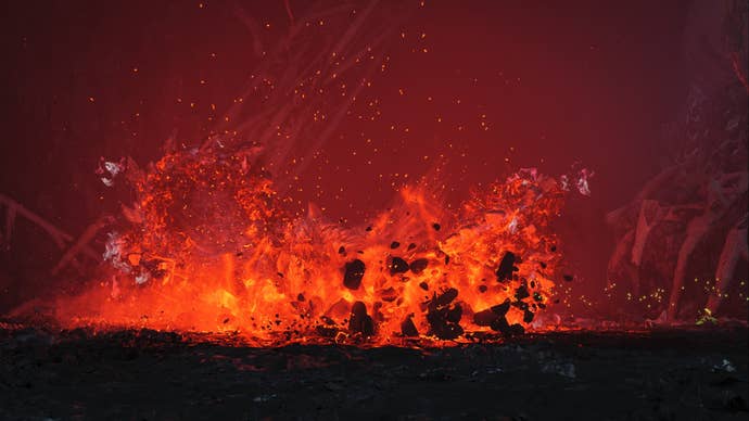 A Monster Hunter Wilds screenshot of Arkveld, bathed in a dangerous red magma-like glow.