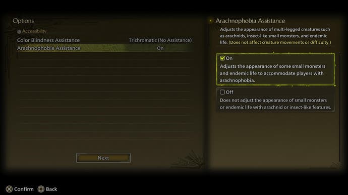 Monster Hunter Wilds menu screenshot showing arachnophobia support