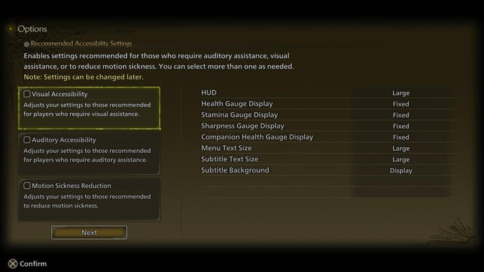 Monster Hunter Wilds beta screenshot showing visual accessibility options