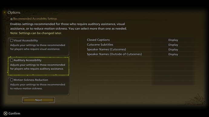 Monster Hunter Wilds beta screenshot showing hearing accessibility options