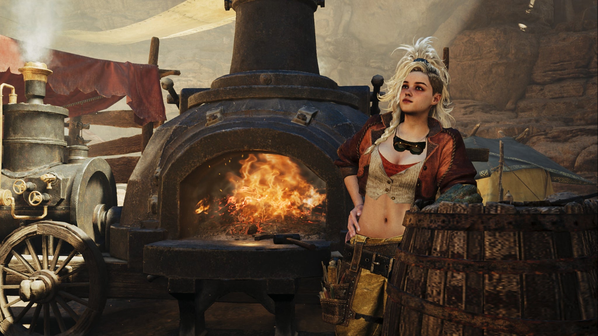 Monster Hunter Wilds screenshot showing the blacksmith Gemma in front of a lit furnace as she leans on a barrel. - 4