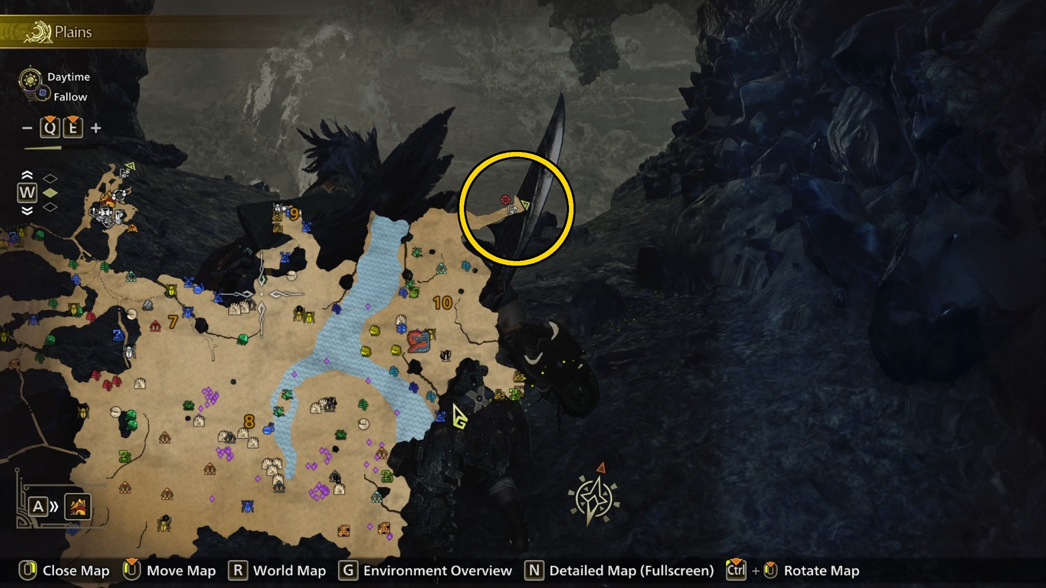 Monster Hunter Wilds map showing the Windward Plains with a yellow circle around the next area to go. - 4