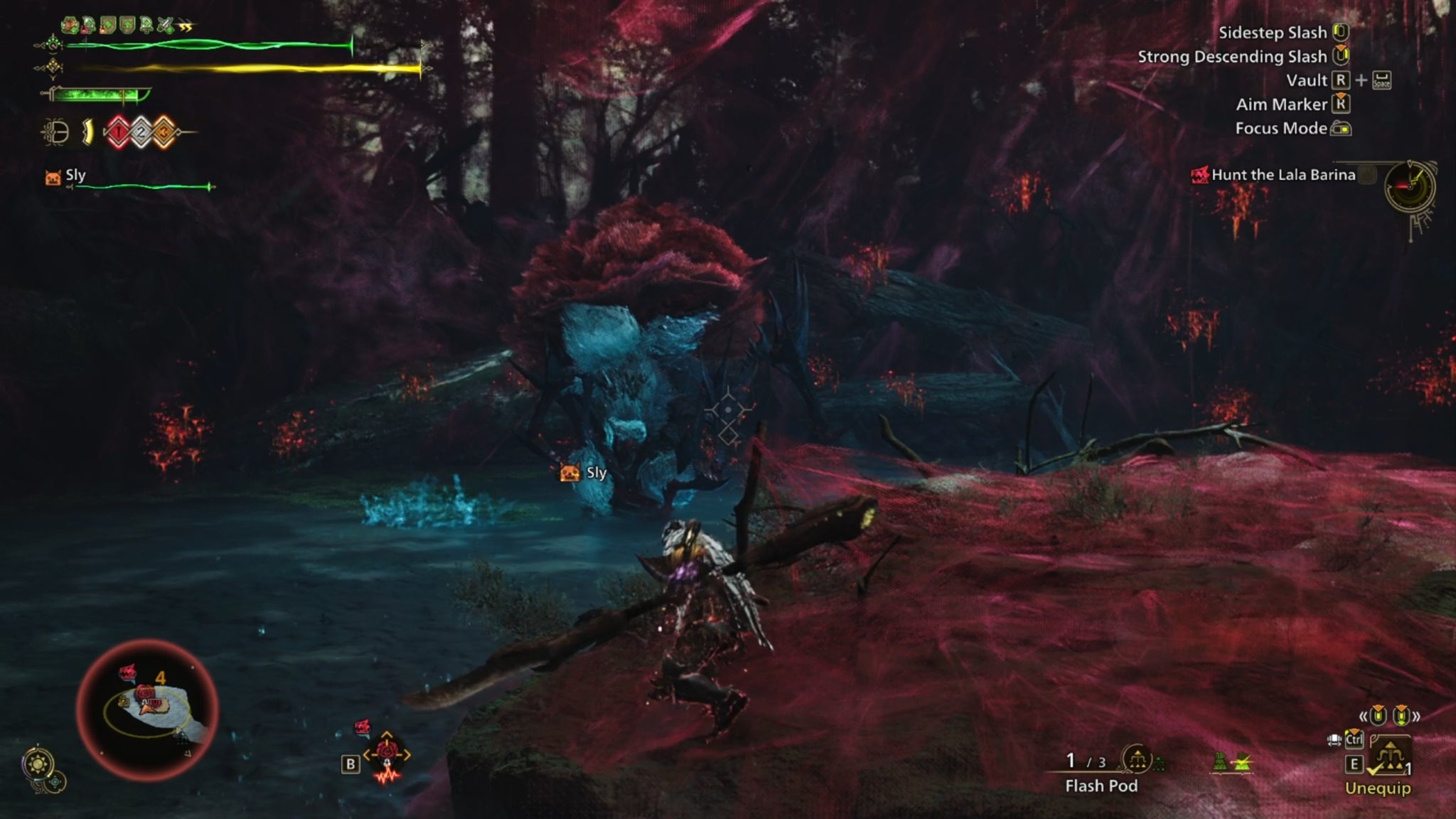 Monster Hunter Wilds screenshot from a Lala Barina fight showing patches of red florets floating in the air. - 6