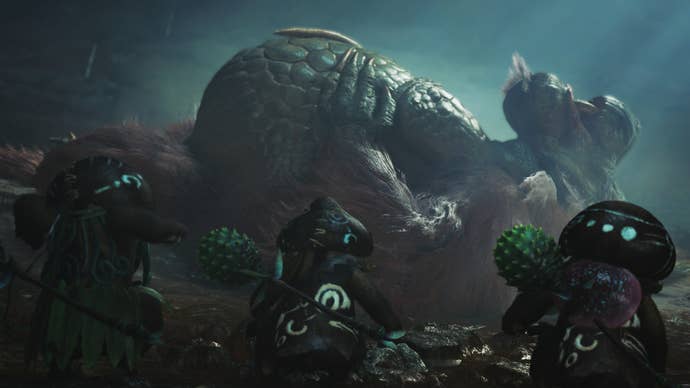 Monster Hunter Wilds screenshot showing a sleeping pink Congalala with three Wudwud Lynians looking at them.