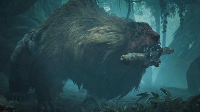 Monster Hunter Wilds Cutscene Captura de pantalla que muestra un doshaguma masticando en un tronco.
