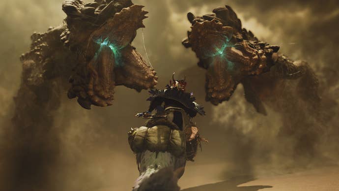 Monster Hunter Wilds screenshot showing Zatoh riding in between two Balahara monsters soaring through the air.