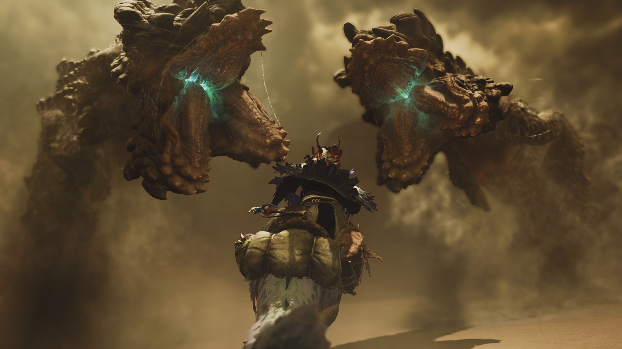 Monster Hunter Wilds screenshot showing Zatoh riding in between two Balahara monsters soaring through the air. - 1