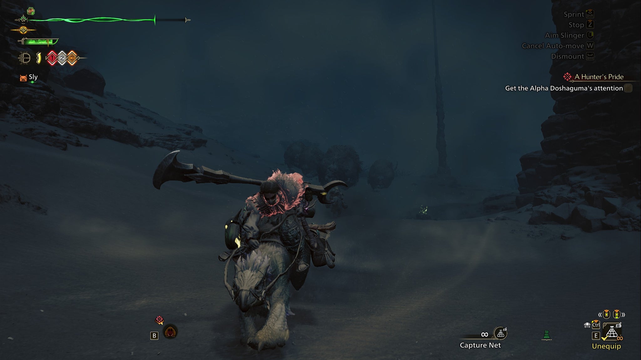 Monster Hunter Wilds screenshot of the hunter riding a Seikret with a pack of Doshaguma chasing him. - 6
