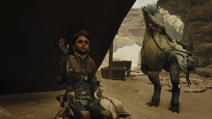 Monster Hunter Wilds screenshot of Nata sitting while waving to toward the camera with a Seikret nearby.