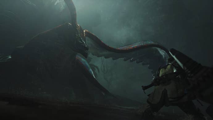 Monster Hunter Wilds cutscene screenshot of a Uth Duna fighting the hunter Olivia during a rainstorm.