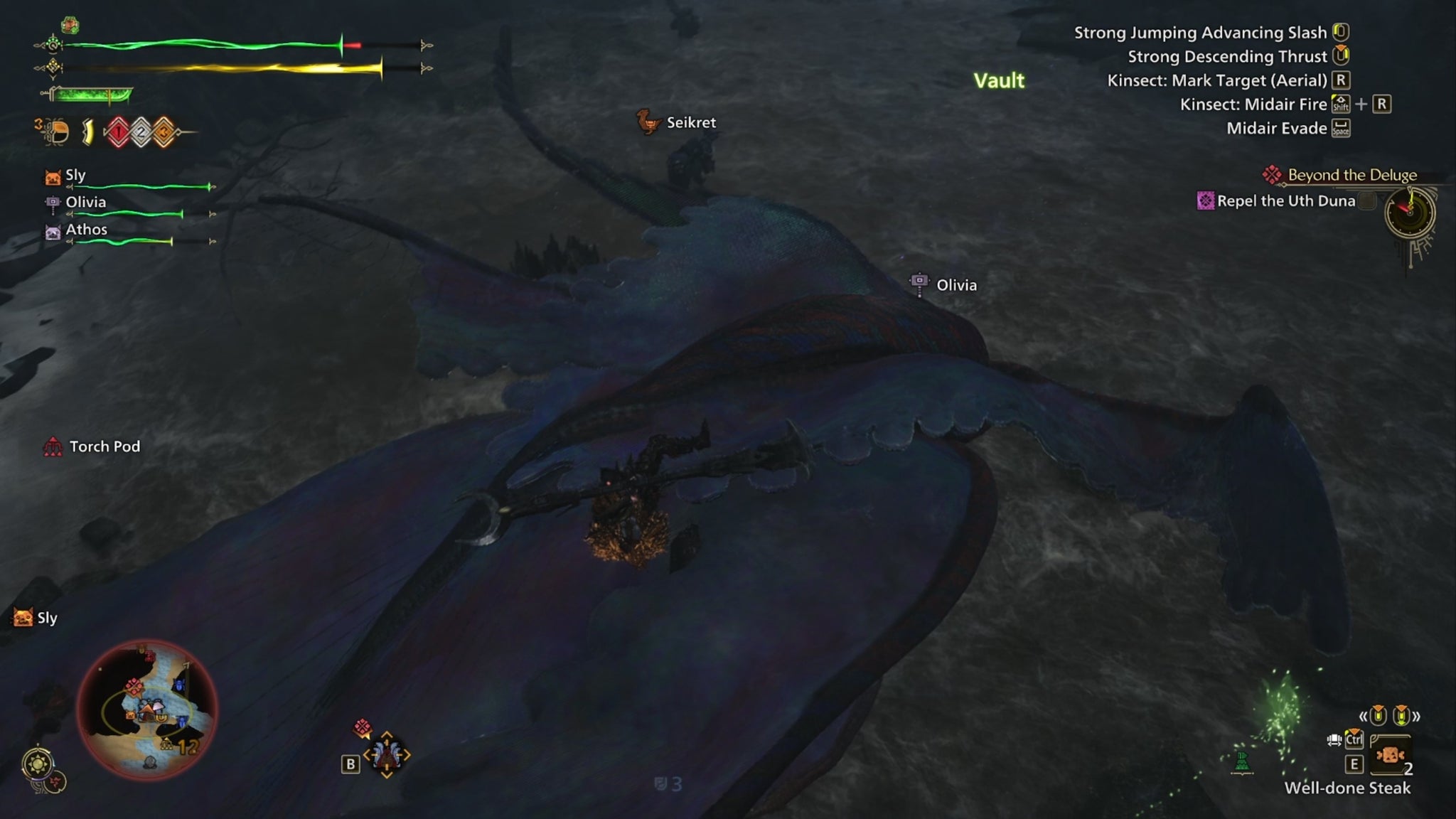 Monster Hunter Wilds screenshot of a Uth Duna fight where the hunter is flying above their blue and purple protective veil. - 5