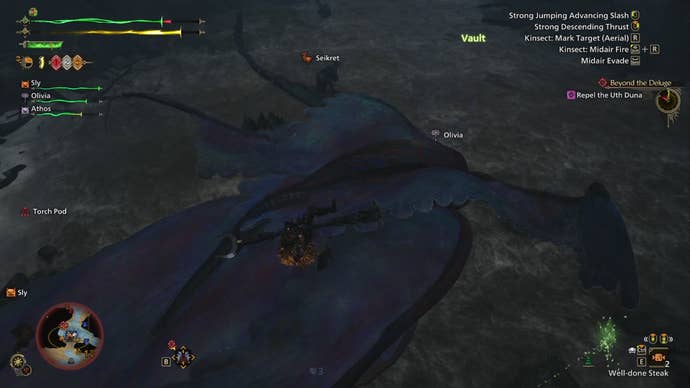 Monster Hunter Wilds screenshot of a Uth Duna fight where the hunter is flying above their blue and purple protective veil.