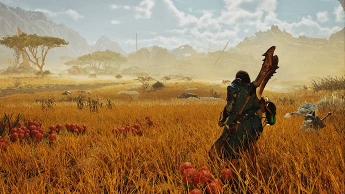 Monster Hunter Wilds screenshot showing a hunter and palico surrounded by tall grass in the plains looking off into the distance at small monsters.