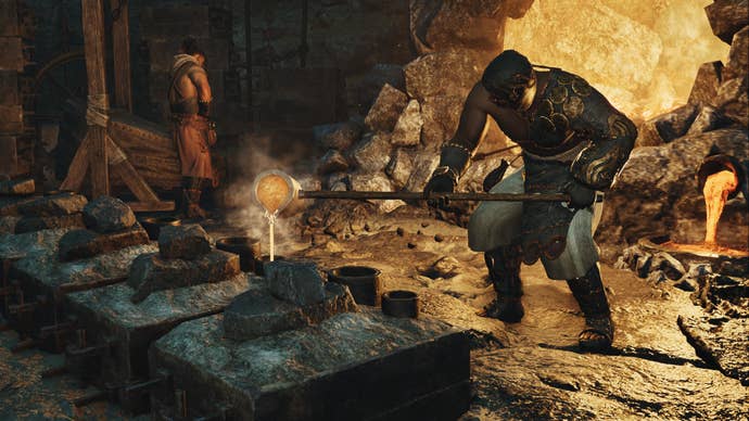 Monster Hunter Wilds screenshot of a man handing molten lava.