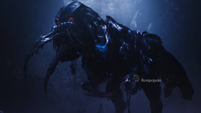 The Rompopolo looms out of the darkness in Monster Hunter Wilds.