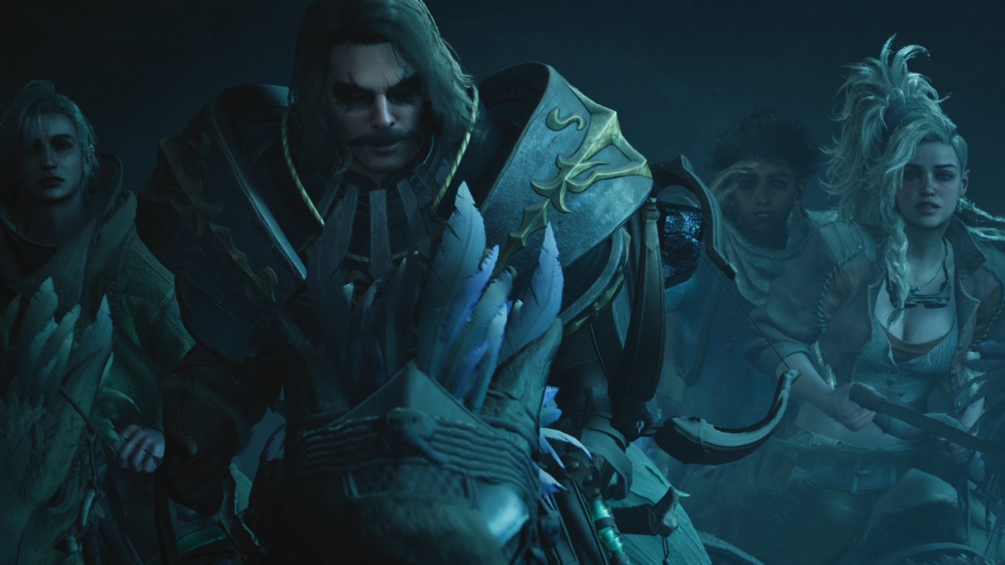 A Monster Hunter Wilds screenshot showing a close-up of the hunter and the three characters Erik, Gemma, and Nata, on Seikrets. - 1