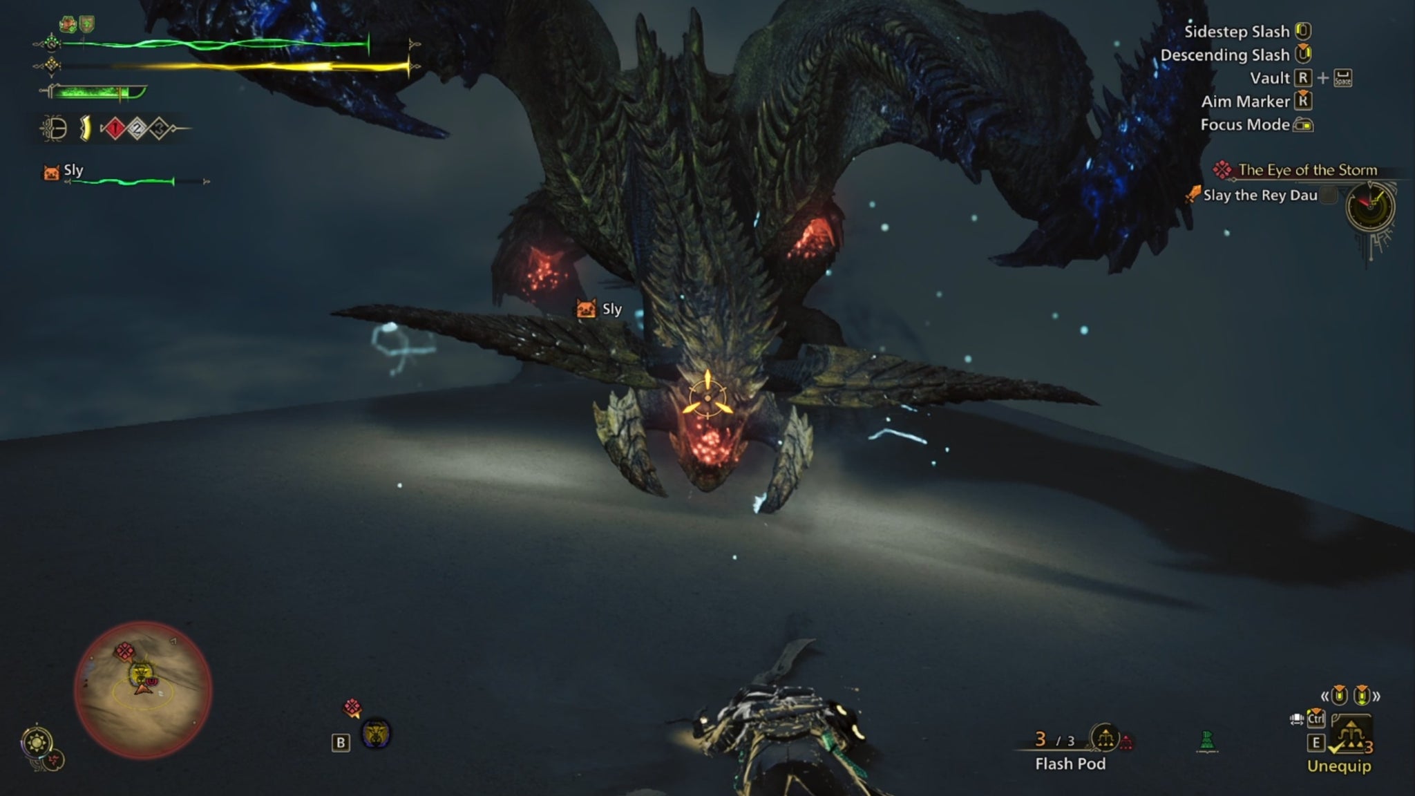 A Monster Hunter Wilds screenshot showing a glowing red weak point in the Rey Dau monster's mouth. - 5