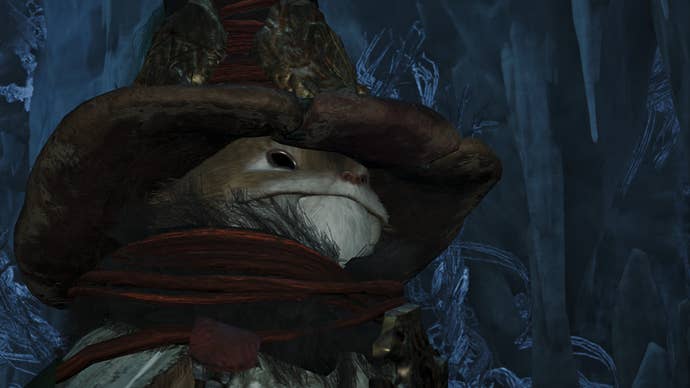 A Monster Hunter Wilds screenshot of the Lyninan character Rove with a large pointy hat on.