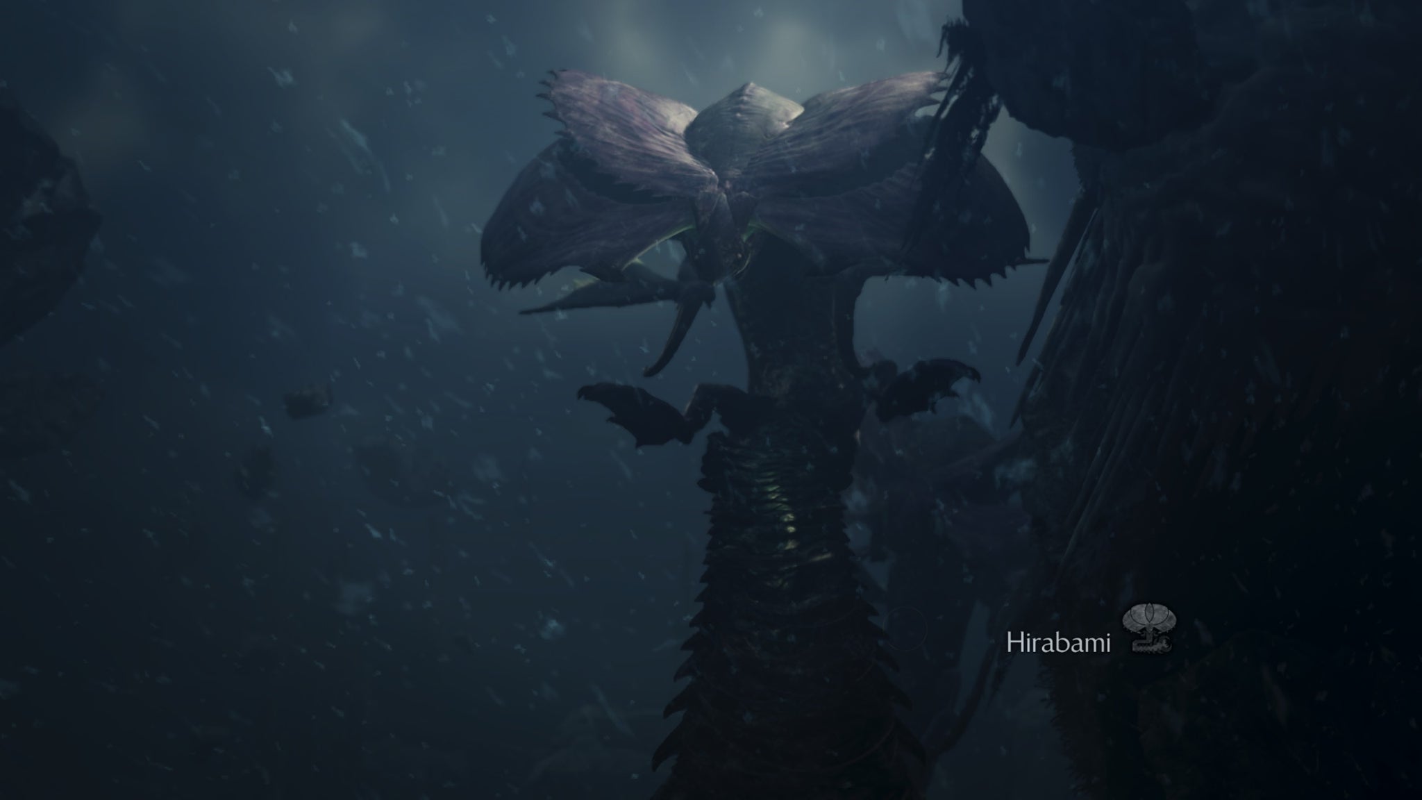 A Monster Hunter Wilds screenshot showing a long flying Hirabami monster with shades of purple around their head and a long tail hanging below. - 6