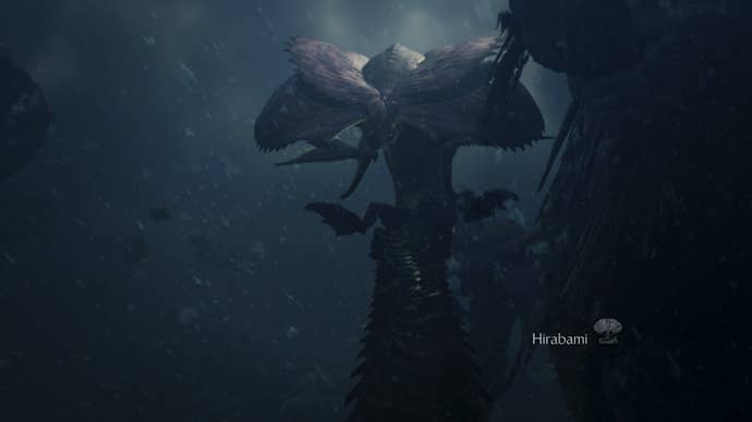A Monster Hunter Wilds screenshot showing a long flying Hirabami monster with shades of purple around their head and a long tail hanging below.