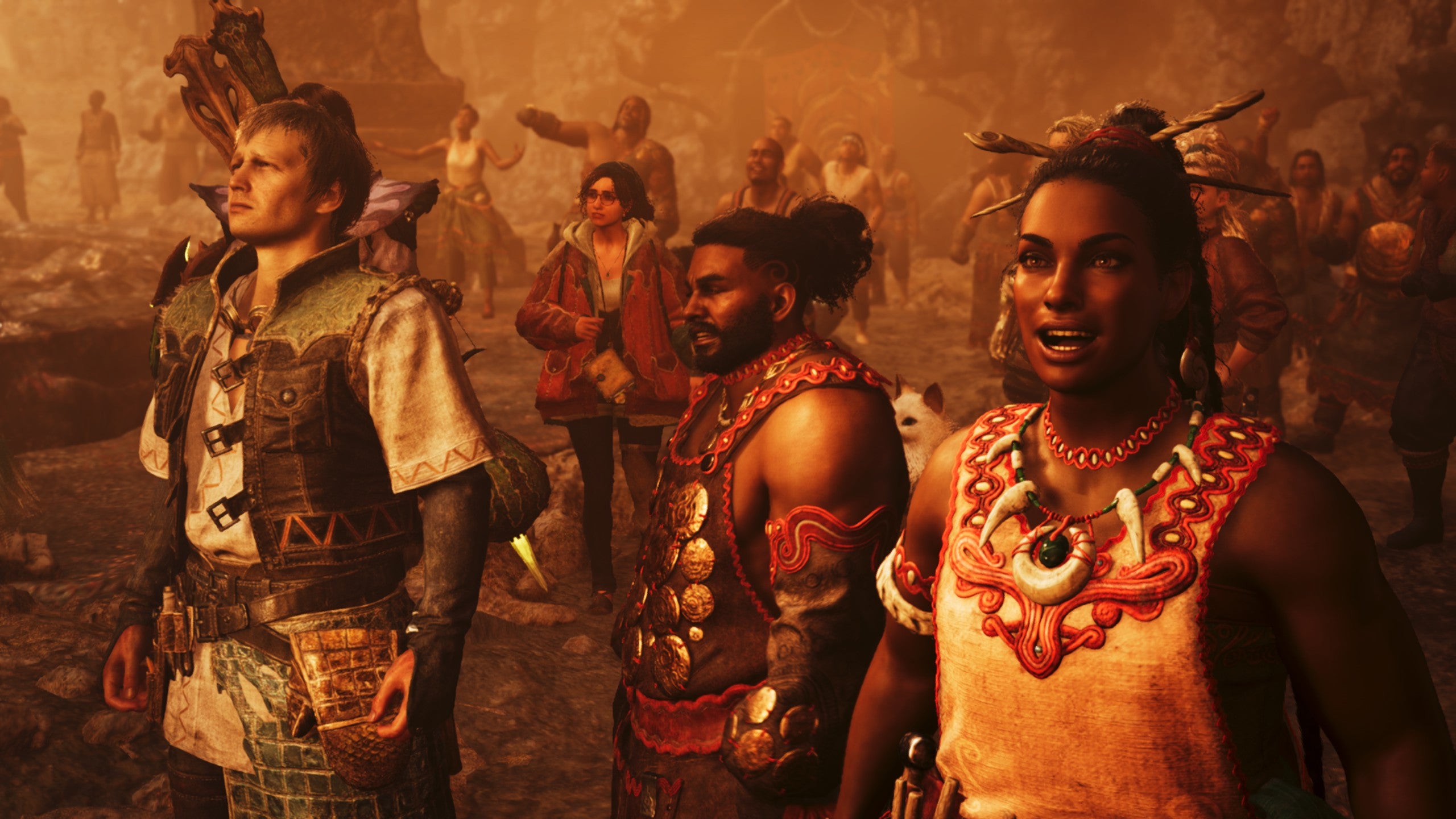 A Monster Hunter Wilds screenshot showing Werner and the people of Azuz celebrating the Firespring firing up.